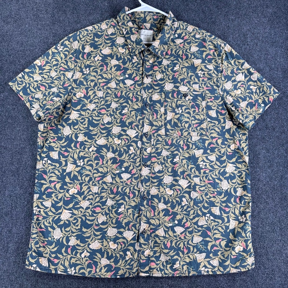 American Eagle Flex Mens XXL Short Sleeve Button Up Shirt Floral Teal Pink Green - Picture 3 of 14